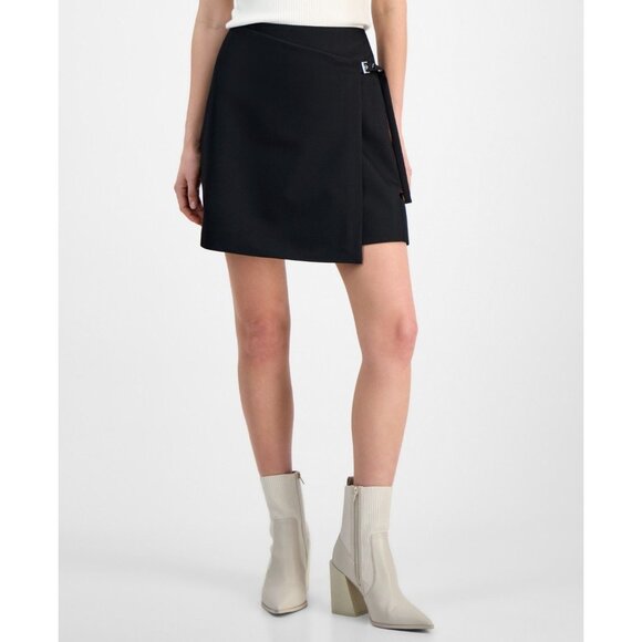 HUGO Womens Solid Low Rise Faux Wrap Side Buckle Mini Skirt Black Size 0 NWT - Picture 4 of 5